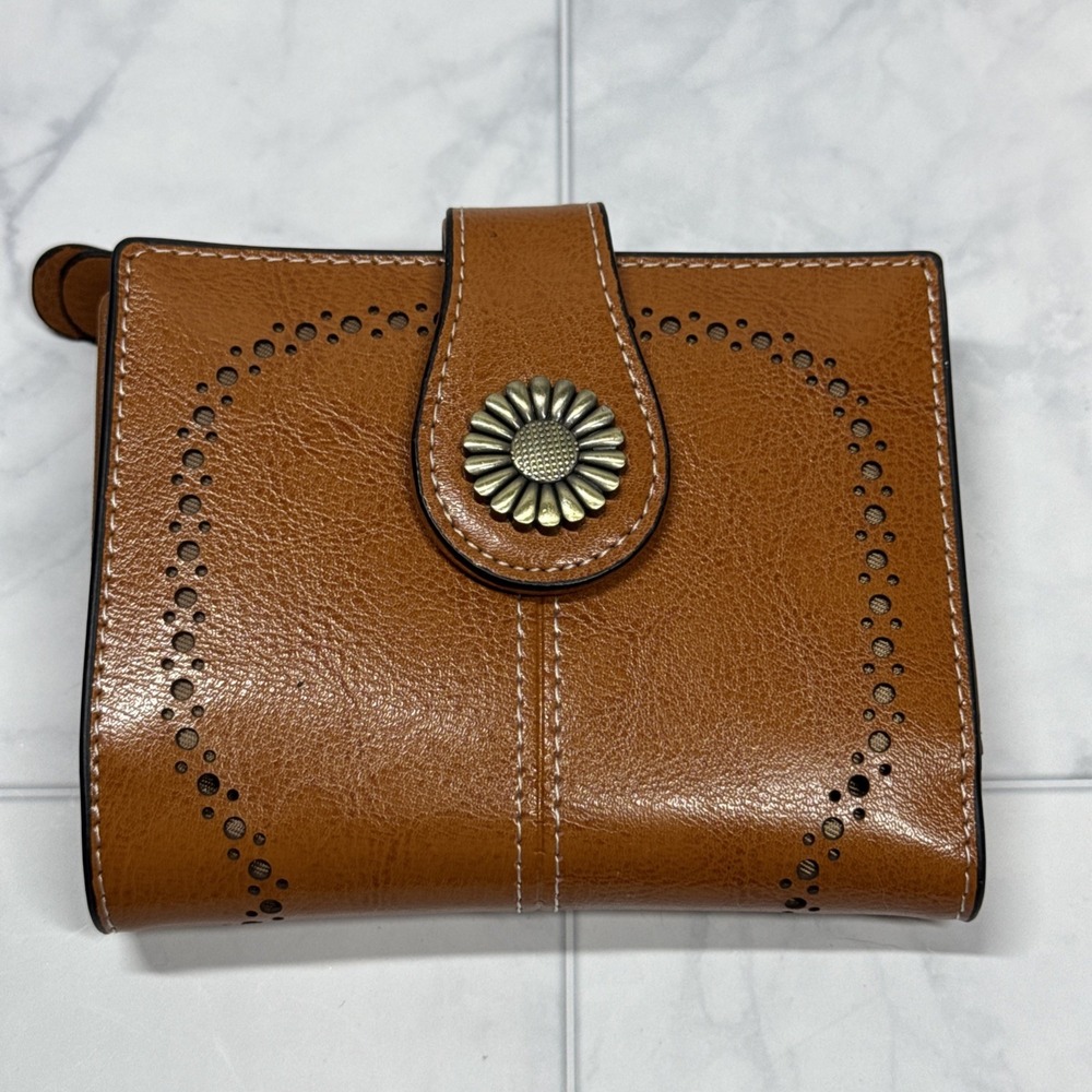 Sendefn Small Womens Leather Wallet RFID Honey Brown Sunflower Accent New